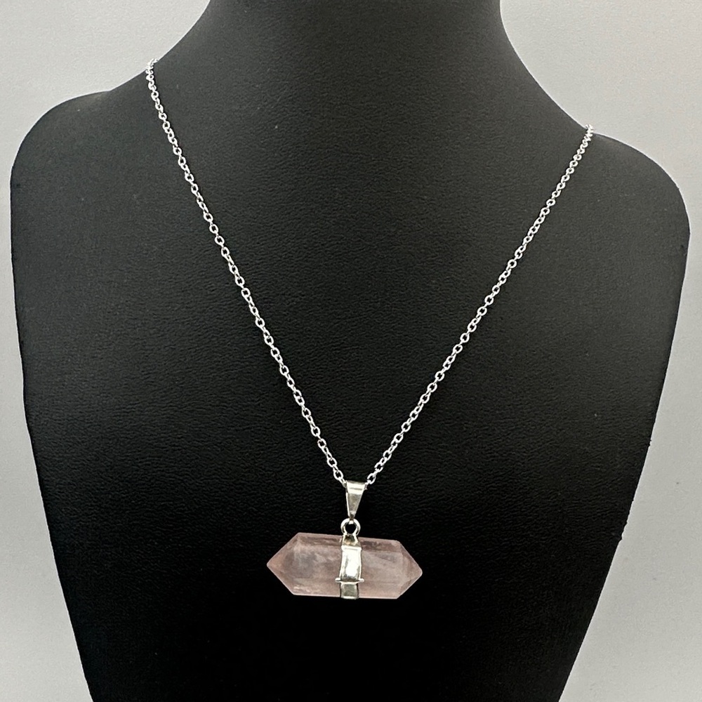 Double Terminated Rose Quartz Pendant on Silver Box Chain - Picture 7 of 8